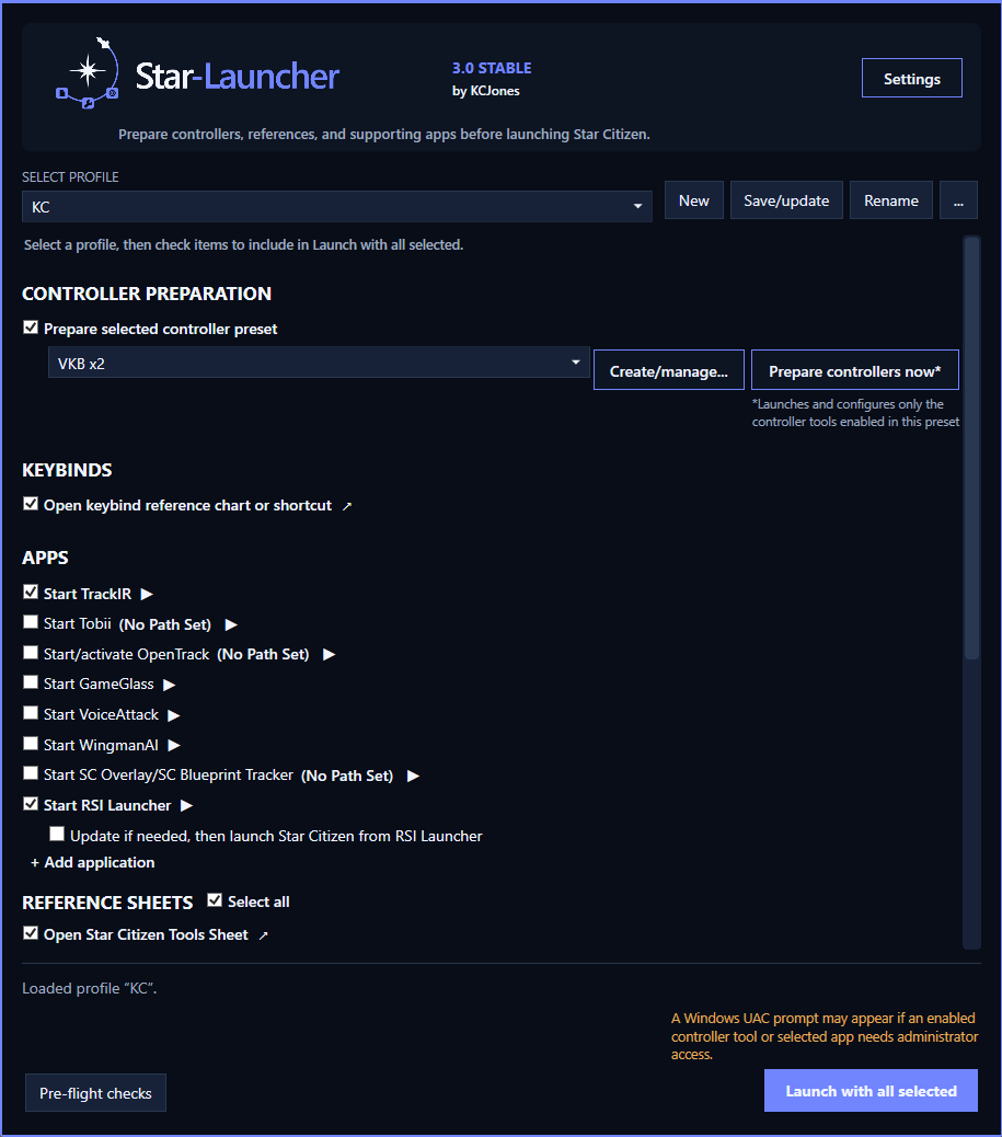 Star-Launcher main window showing profile selection, controller preparation, supporting apps, reference sheets, and launch controls